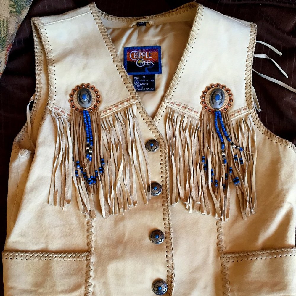 Cripple Creek Ladies Suede Fringed Vest - Cream Size Small